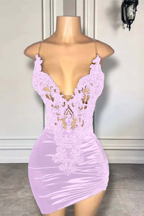 Spaghetti Straps Satin Short Homecoming Dress Beadings with Appliques Lilac