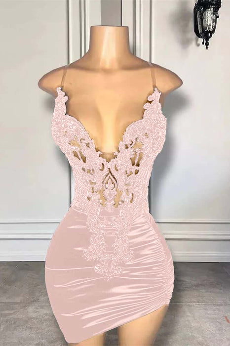 Spaghetti Straps Satin Short Homecoming Dress Beadings with Appliques Pink