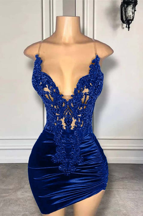 Spaghetti Straps Satin Short Homecoming Dress Beadings with Appliques Royal Blue