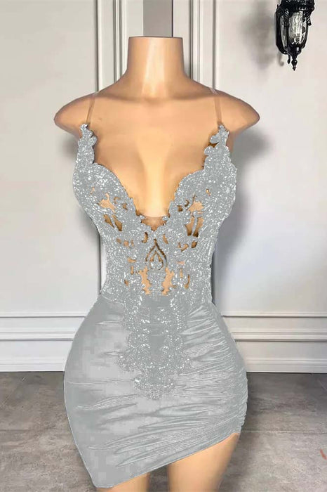 Spaghetti Straps Satin Short Homecoming Dress Beadings with Appliques Silver