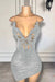 Spaghetti Straps Satin Short Homecoming Dress Beadings with Appliques Silver