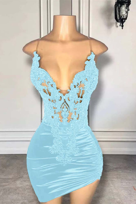 Spaghetti Straps Satin Short Homecoming Dress Beadings with Appliques Sky Blue