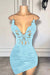 Spaghetti Straps Satin Short Homecoming Dress Beadings with Appliques Sky Blue