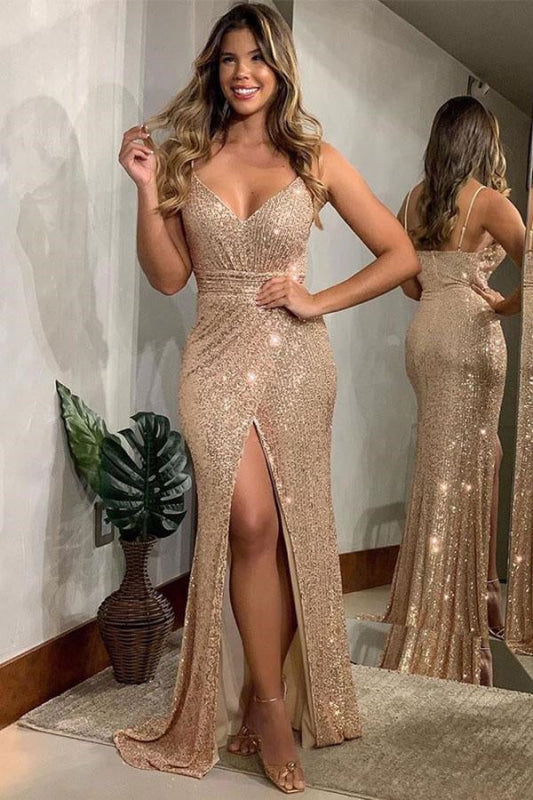 Gorgeous A Line Sequins Evening Dress with Split - Spaghetti-Straps Lavender