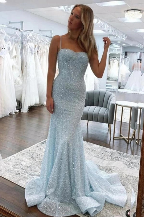 Spaghetti Straps Sequins Mermaid Prom Dress Sleeveless Sky Blue Evening Dress