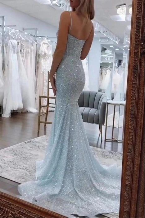 Spaghetti Straps Sequins Mermaid Prom Dress Sleeveless Sky Blue Evening Dress