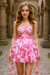 Spaghetti Straps Short Homecoming Dress Floral Printed Formal Dress - Pink