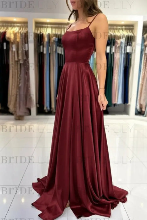 Spaghetti Straps Simple Satin Long Prom Dress with Slit - Prom Dresses