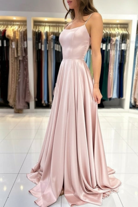 Spaghetti Straps Simple Satin Long Prom Dress with Slit - Prom Dresses