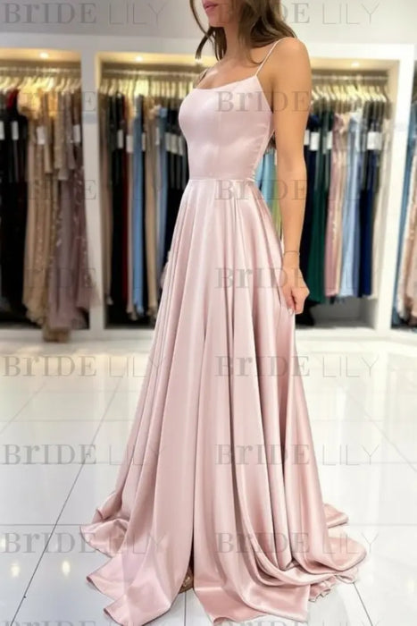 Spaghetti Straps Simple Satin Long Prom Dress with Slit - Prom Dresses