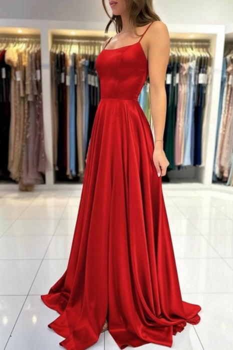 Spaghetti Straps Simple Satin Long Prom Dress with Slit - Prom Dresses