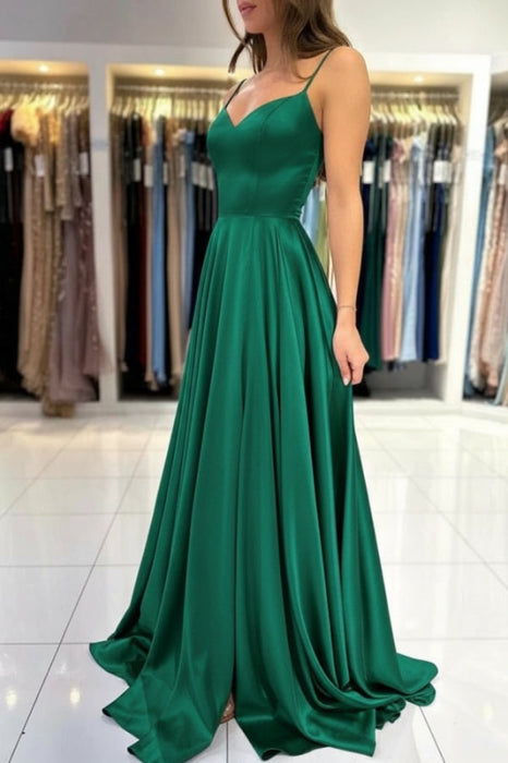 Spaghetti Straps Simple Satin Long Prom Dress with Slit - Prom Dresses