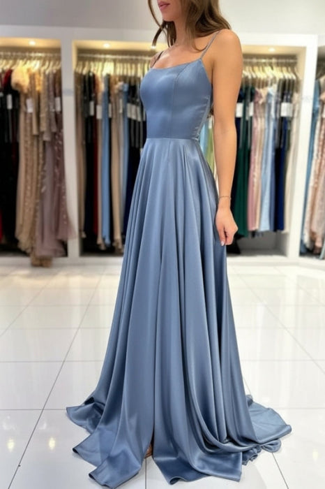 Spaghetti Straps Simple Satin Long Prom Dress with Slit - Prom Dresses