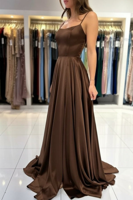Spaghetti Straps Simple Satin Long Prom Dress with Slit - Prom Dresses