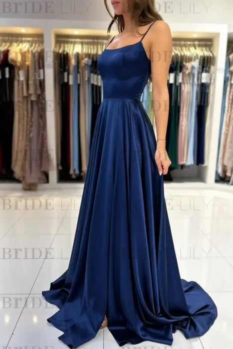 Spaghetti Straps Simple Satin Long Prom Dress with Slit - Prom Dresses