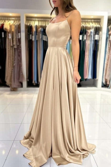 Spaghetti Straps Simple Satin Long Prom Dress with Slit - Prom Dresses