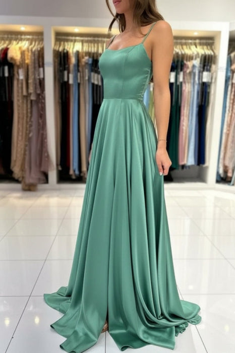 Spaghetti Straps Simple Satin Long Prom Dress with Slit - Prom Dresses