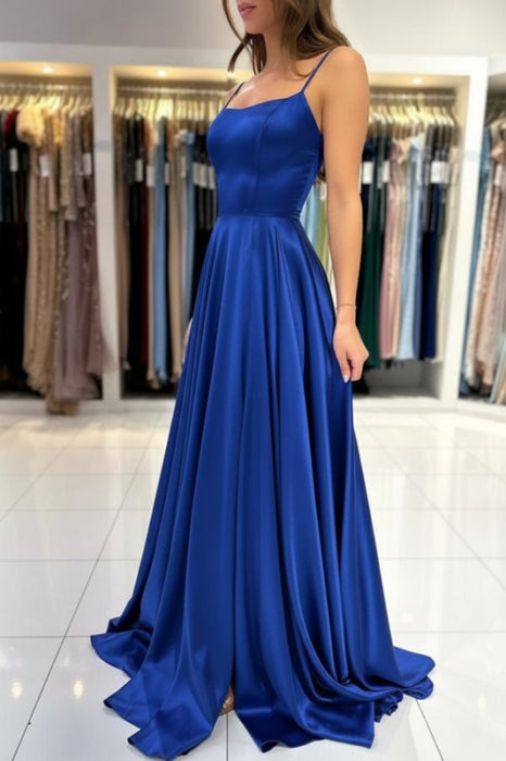 Spaghetti Straps Simple Satin Long Prom Dress with Slit - Prom Dresses