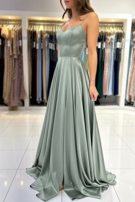 Spaghetti Straps Simple Satin Long Prom Dress with Slit - Prom Dresses