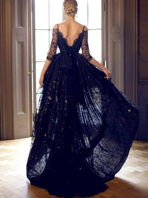 A-Line/Princess Spaghetti Straps Sleeveless High Low Lace Dresses - Prom Dresses