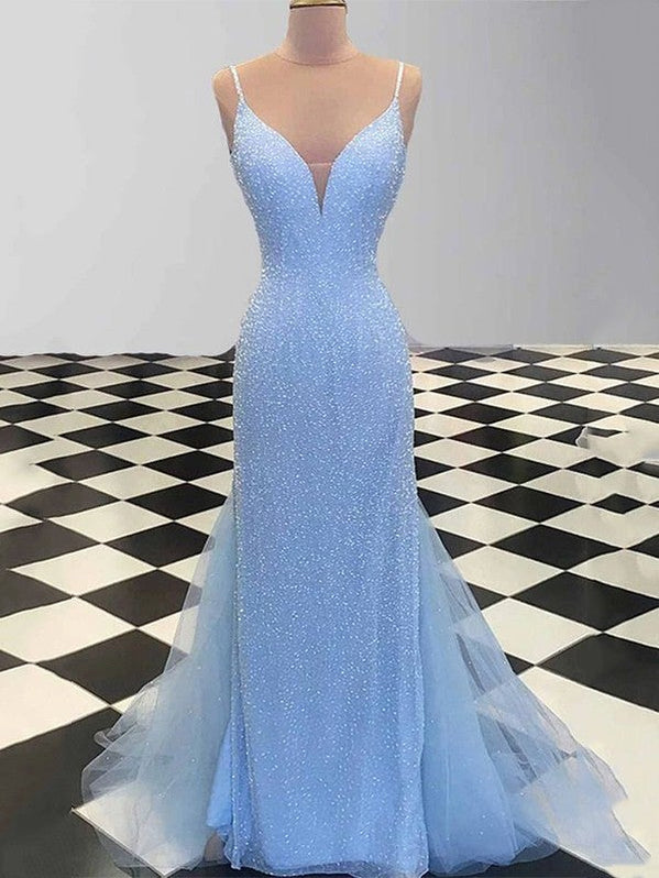 Sheath/Column Prom Dresses Sequins Spaghetti Straps V-Neck Floor-length Sleeveless main image 1