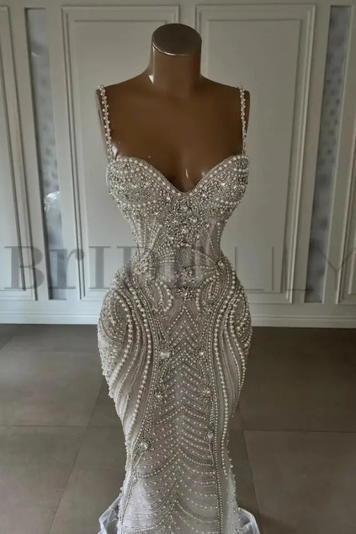 Spaghetti Straps Sweetheart Mermaid Wedding Dress Beadings Pearls Bridal Gown