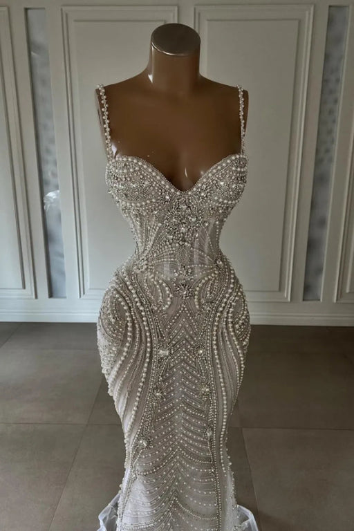 Spaghetti Straps Sweetheart Mermaid Wedding Dress Beadings Pearls Bridal Gown