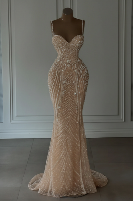 Champagne Spaghetti Straps Sweetheart Mermaid Wedding Dress Beadings Pearls Bridal Gown