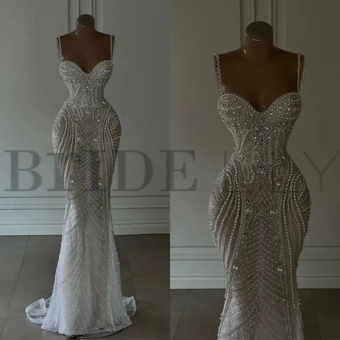 Spaghetti Straps Sweetheart Mermaid Wedding Dress Beadings Pearls Bridal Gown