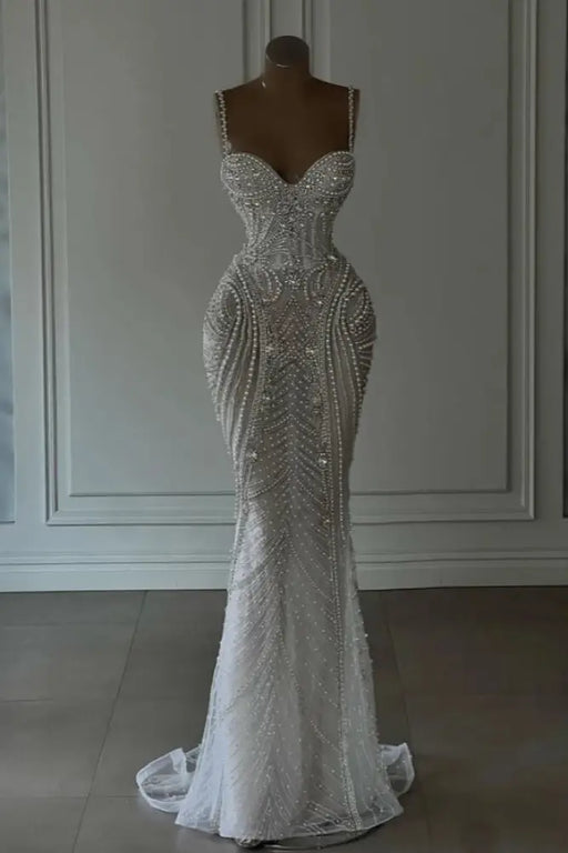 Spaghetti Straps Sweetheart Mermaid Wedding Dress Beadings Pearls Bridal Gown