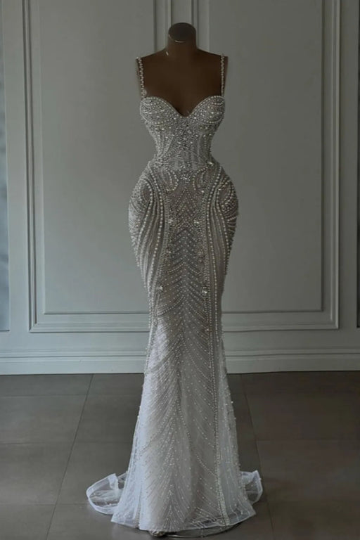 Spaghetti Straps Sweetheart Mermaid Wedding Dress Beadings Pearls Bridal Gown