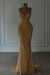 Gold Spaghetti Straps Sweetheart Mermaid Wedding Dress Beadings Pearls Bridal Gown