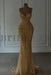 Gold Spaghetti Straps Sweetheart Mermaid Wedding Dress Beadings Pearls Bridal Gown