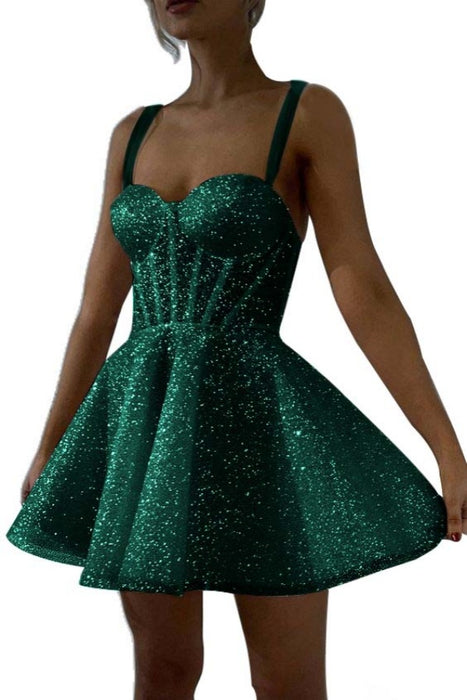 Dark Green Sparkly Sequins Aline Homecoming Dress Sweetheart Prom Dress Short with Straps