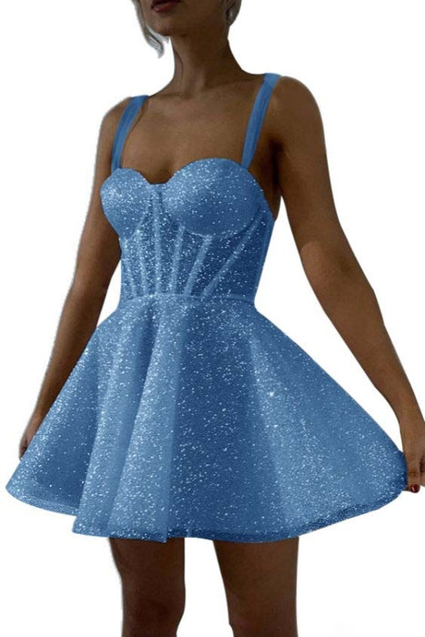 Dusty Blue Sparkly Sequins Aline Homecoming Dress Sweetheart Prom Dress Short with Straps