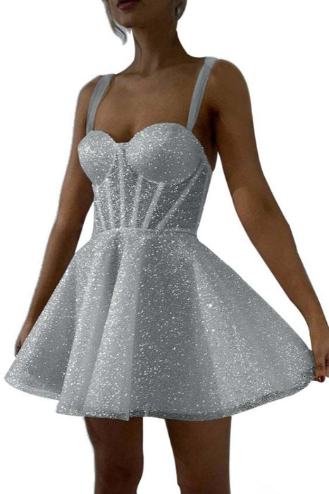 Silver Sparkly Sequins Aline Homecoming Dress Sweetheart Prom Dress Short with Straps