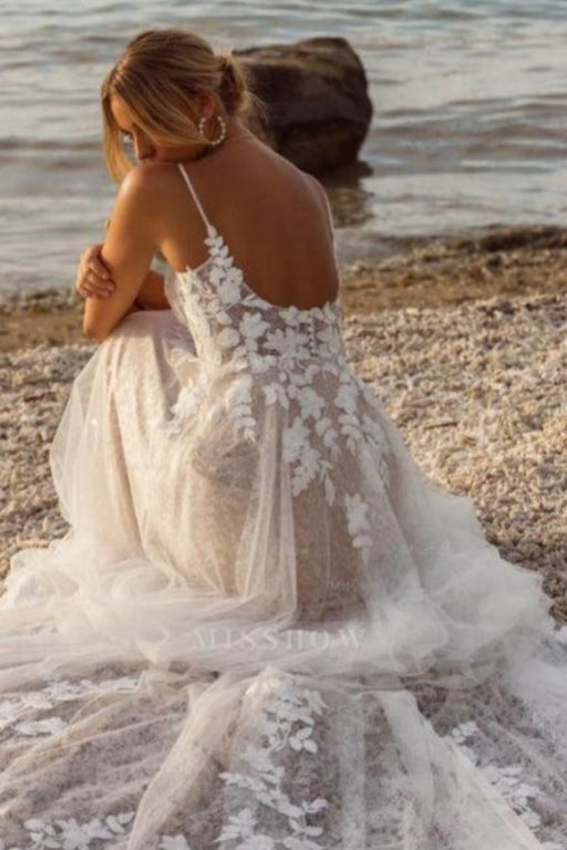 Spaghetti Straps Tulle Lace Wedding Dress Aline Sleeveless