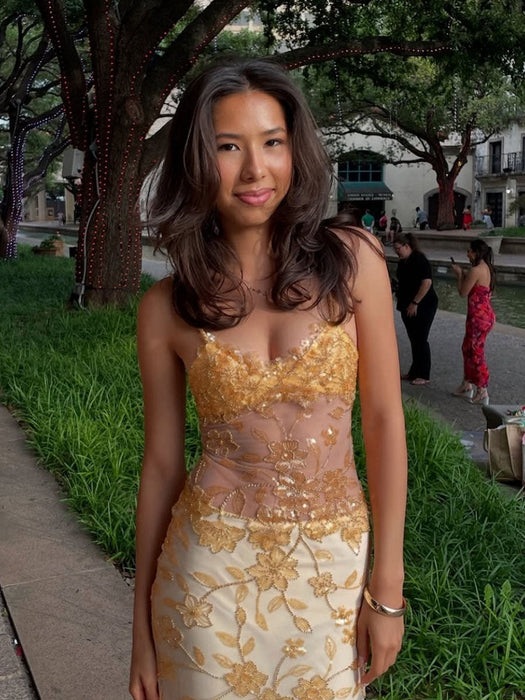 Spaghetti Straps V-Neck Beaded Prom Dress Long