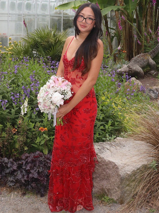 Spaghetti Straps V-Neck Beaded Prom Dress Long