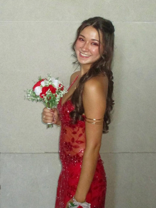 Spaghetti Straps V-Neck Beaded Prom Dress Long