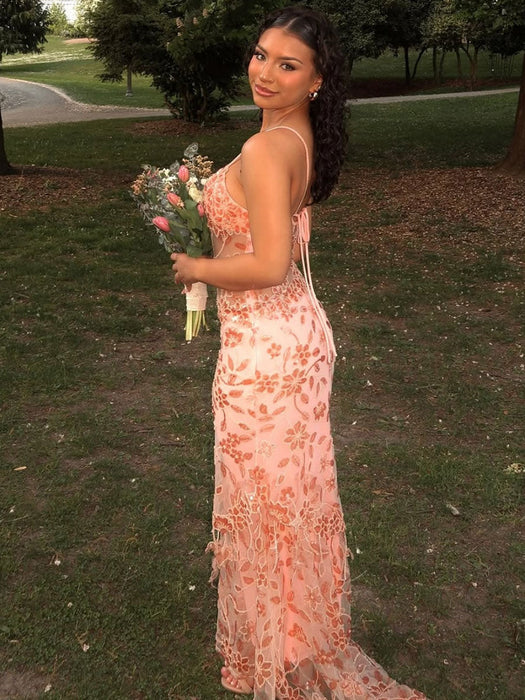 Spaghetti Straps V-Neck Beaded Prom Dress Long