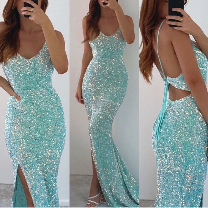 Spaghetti-Straps V-Neck Long Mermaid Prom Dress with Split and Sequins