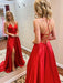 A-Line/Princess Sweep/Brush Train V-neck Sleeveless Elastic Woven Satin Ruffles Dresses - Prom Dresses