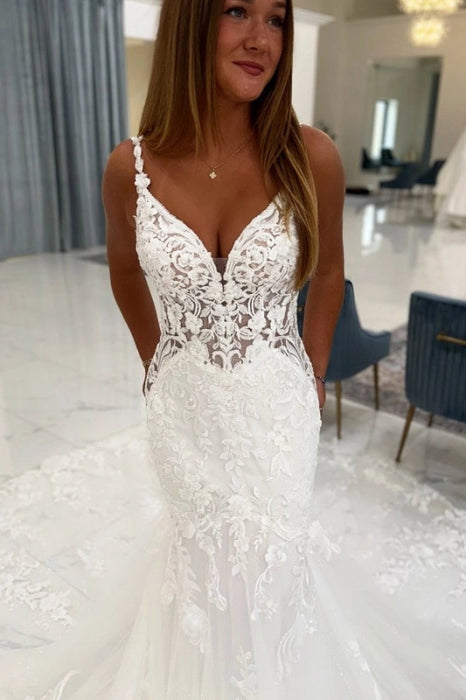 Spaghetti Straps White Mermaid Wedding Dress V neck Tulle Lace Bridal Gown wedding dresses