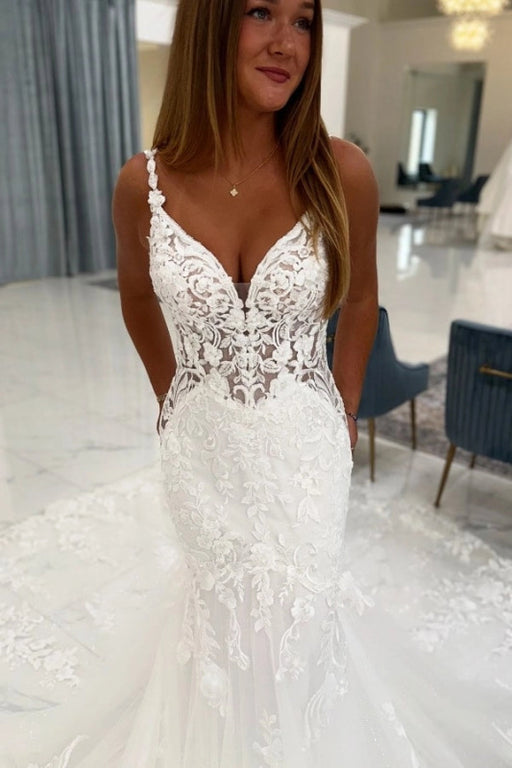 Spaghetti Straps White Mermaid Wedding Dress V neck Tulle Lace Bridal Gown wedding dresses