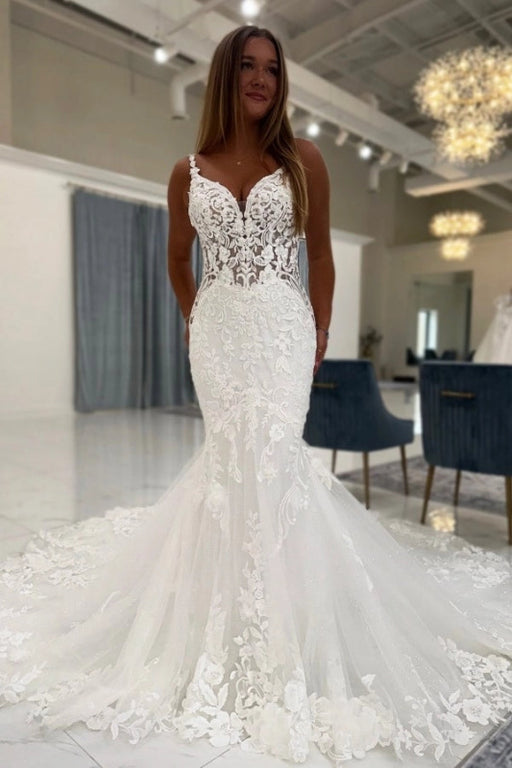 Spaghetti Straps White Mermaid Wedding Dress V neck Tulle Lace Bridal Gown wedding dresses