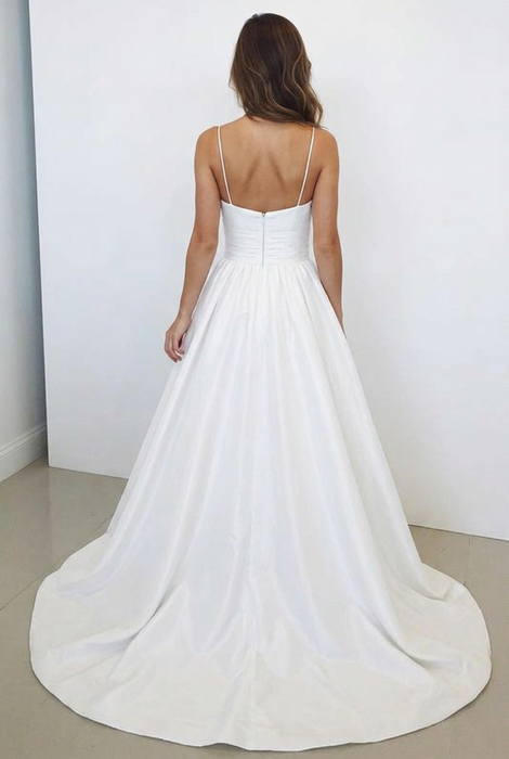 Bridelily Spaghetti Straps White Satin Beach Wedding Dress Back View