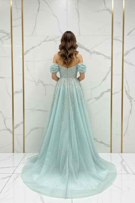 Sparkling Aqua Blue Off-the-Shoulder Beaded Mermaid Prom Dress with Slit