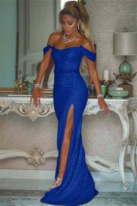 Sparkling Sequined Mermaid Prom Gown High Slit Blushing Pink Evening Dress - Prom Dresses