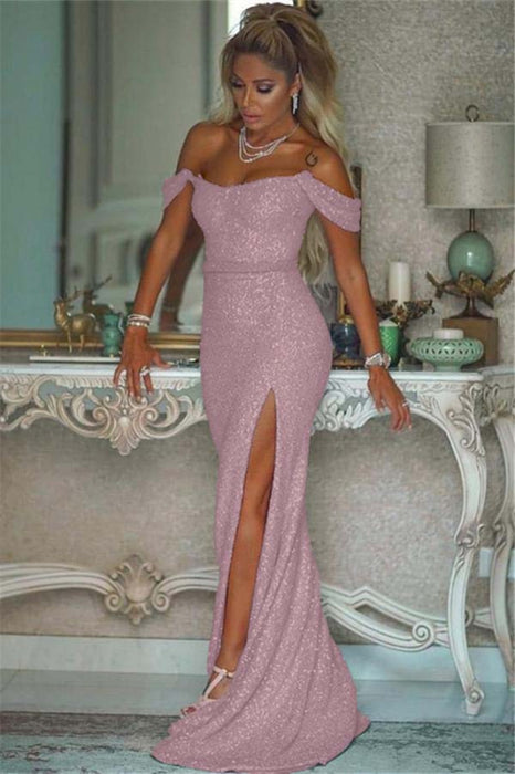 Sparkling Sequined Mermaid Prom Gown High Slit Blushing Pink Evening Dress - Prom Dresses